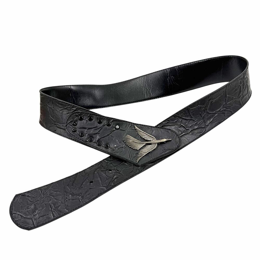 Vtg 80s Black Crinkle Leather Contour Wide Waist Belt Silver Swallow Bird S M